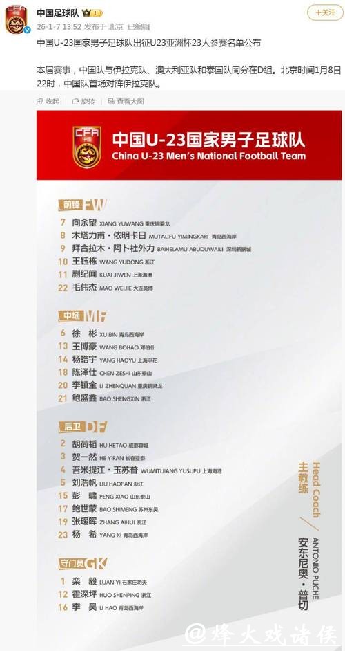 U23亚洲杯中国队23人名单公布